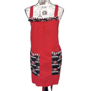 San Francisco 49ers Handmade Red Polka Dot Ruffled Apron Pockets SF NFL Fan Gift